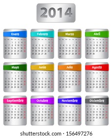 Calendar for 2014 year in Spanish with colorful stickers. Vector illustration