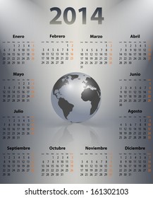 Calendar for 2014 year in Spanish with the world globe in a spot. Mondays first. Vector illustration