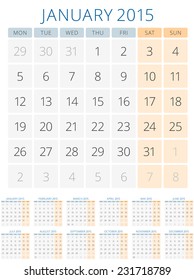 Calendar 2015 12 months vector design template. Week starts monday