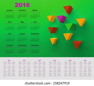 Calendar  2015, 2016, 2017, 2018, 2019, 2020, 2021, year.  Week starts from sunday. Vector illustration. Green background with red, yellow, purple triangles