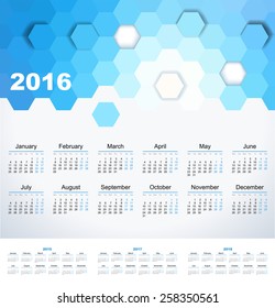 Calendar 2015, 2016, 2017, 2018 year. Week starts from monday. Vector illustration. 