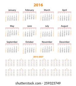 Calendar  2015, 2016, 2017, 2018, 2019, 2020, 2021, 2022, 2023, 2024, 2025, 2026, 2027  year.  Week starts from sunday. Vector illustration
