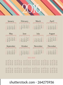 Calendar 2015, 2016, 2017, 2018, 2019, 2020, 2021, 2022, 2023, 2024, 2025, 2026, 2027 year. Week starts from sunday. Vector illustration.