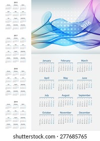 Calendar 2015, 2016, 2017, 2018, 2019 year. Week starts from monday. Vector illustration.