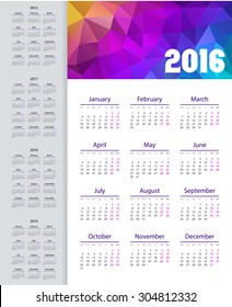 Calendar 2015, 2016, 2017, 2018, 2019 year. Week starts from monday. Vector illustration.