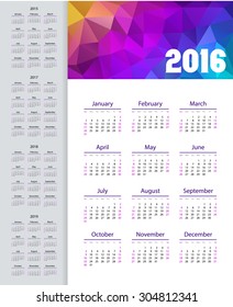 Calendar 2015, 2016, 2017, 2018, 2019 year. Week starts from sunday. Vector illustration.