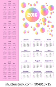 Calendar 2015, 2016, 2017, 2018, 2019 year. Week starts from sunday. Vector illustration.