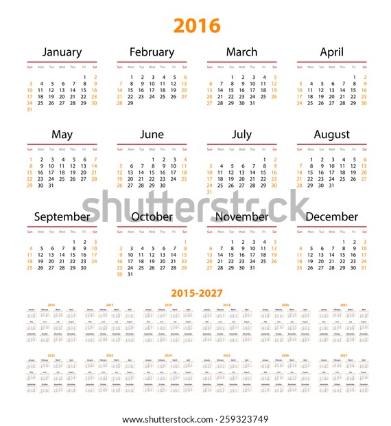 Calendar 2015 2016 2017 2018 2019 Stock Vector Royalty Free 259323749