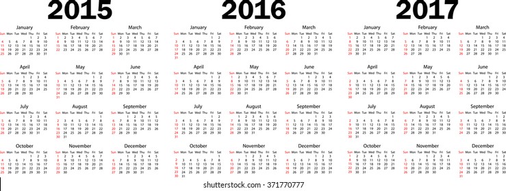 Calendar 2015, 2016, 2017 in one. Vector Illustration