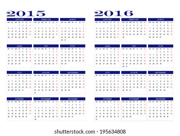 Calendar 2015 and 2016 in english