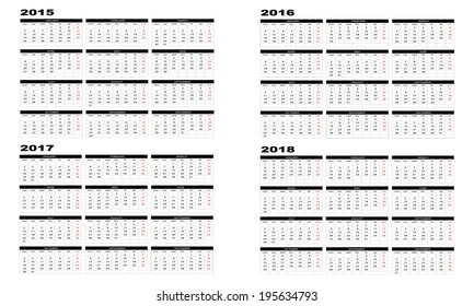 Calendar 2015 to 2018 in english