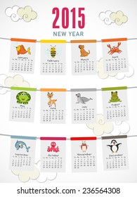 Calendar of 2015 with animal cartoons on cloudy background for Happy New Year celebrations.