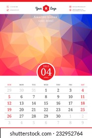 Calendar 2015 april month. Vector template with abstract background. Week starts sunday
