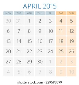 Calendar 2015 April vector design template. Week starts monday
