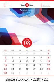 Calendar 2015 august month. Vector template with abstract background. Week starts sunday