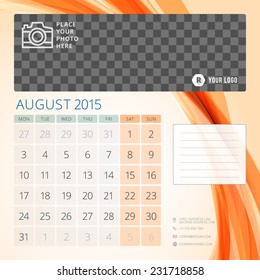 Calendar 2015 August template with place for photo. Week starts monday