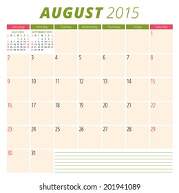 Calendar 2015 August US version vector design template 