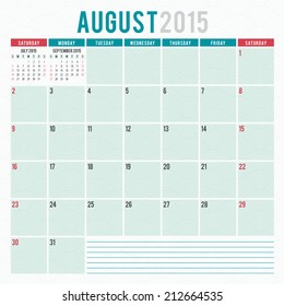 Calendar 2015 August US version vector design template
