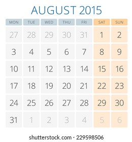 Calendar 2015 August vector design template. Week starts monday