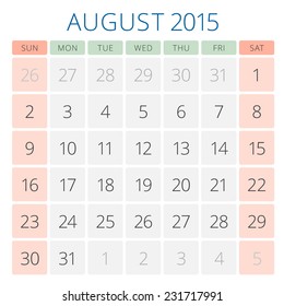 Calendar 2015 August vector design template. Week starts sunday