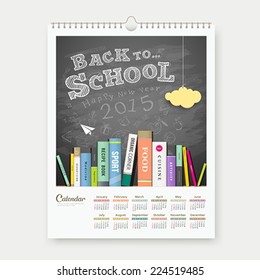 Calendar 2015 back to school with books concept design background, vector illustration