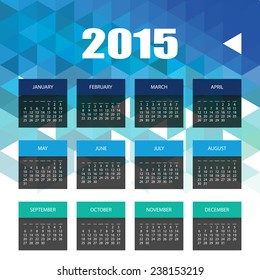 Calendario 2015 con diseño de plantilla de fondo geométrico de triángulo azul. Ilustración vectorial