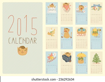 Calendar for 2015 with a cheerful red cat. Vector illustration