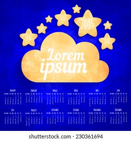 calendar 2015  with clouds and stars in the night sky on watercolor background