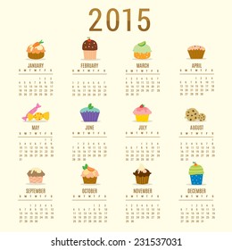 Calendar 2015 Cupcake Cartoon Cute Vector