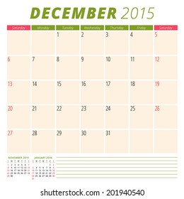 Calendar 2015 December US version vector design template 