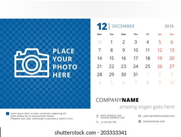 Calendar 2015 December vector design template with place for photo