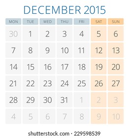 Calendar 2015 December vector design template. Week starts monday