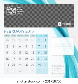 Calendar 2015 February template with place for photo. Week starts monday