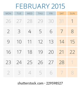 Calendar 2015 February vector design template. Week starts monday