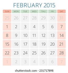 Calendar 2015 February vector design template. Week starts sunday