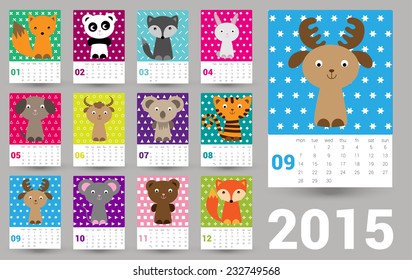 Calendar 2015 with flat animals. Vector. Week starts monday