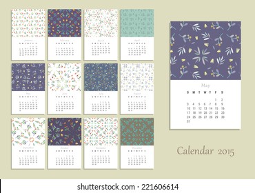 Calendar 2015 with flowers and berries. Isolated. Vector design template. Isolated.