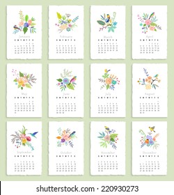 Calendar 2015 with flowers and birds. Isolated. Vector