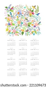 Calendar 2015 with flowers and birds. Isolated. Vector