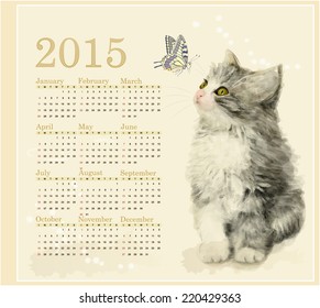 Calendar 2015 with fluffy kitten and butterfly