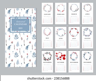 Calendar 2015 with hand drawn romantic seasonal wreaths. Isolated. Vector