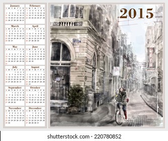 Calendar 2015 with illustration of city street.  Watercolor style.