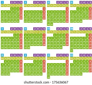 Calendar for 2015 from january to december in flat design using simple square icons with green background, elements are grouped for easy edit.