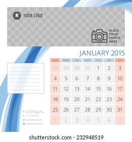 Calendar 2015 January template with place for photo. Week starts sunday