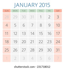 Calendar 2015 January vector design template. Week starts sunday
