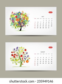 Calendar 2015, july and august months. Art tree design. Vector illustration