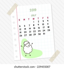 Calendar 2015 for July and cute lamb drawn by hand on a sheet of paper. Vector illustration.
