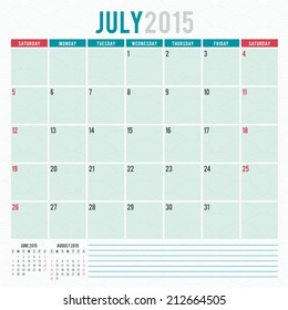 Calendar 2015 July US version vector design template