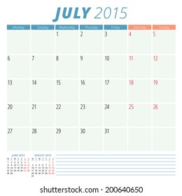 Calendar 2015 July vector design template 
