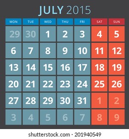 Calendar 2015 July vector design template 